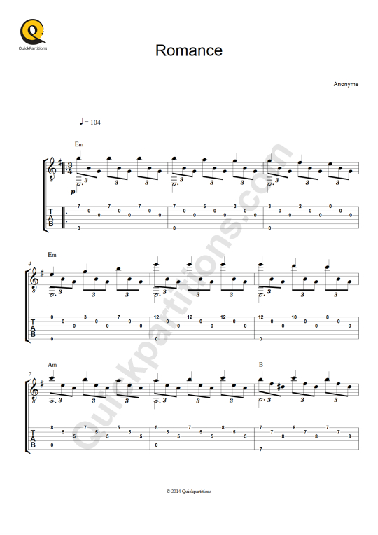 Tablature Guitare Romance (Jeux interdits) - Narciso Yepes
