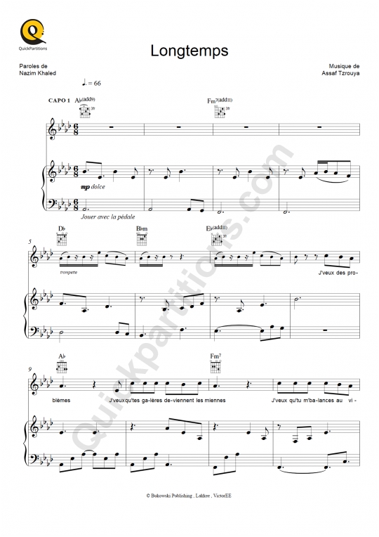 Longtemps Piano Sheet Music - Amir