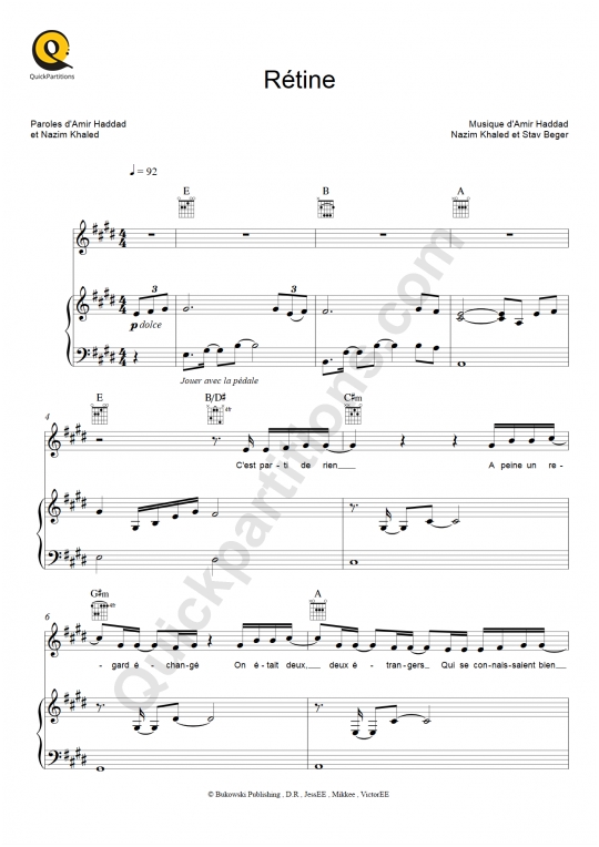 Partition piano Rétine - Amir
