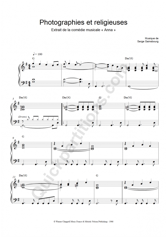 Partition piano Photographies et religieuses - Serge Gainsbourg