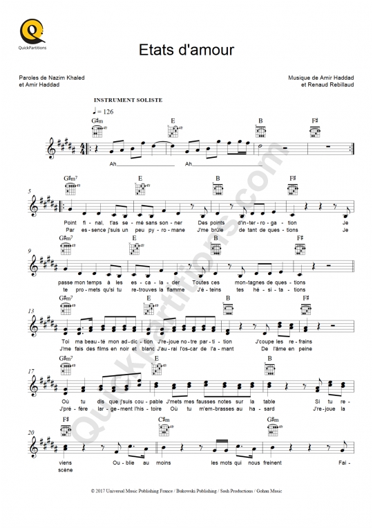 Partition pour Instruments Solistes Etats d'amour - Amir