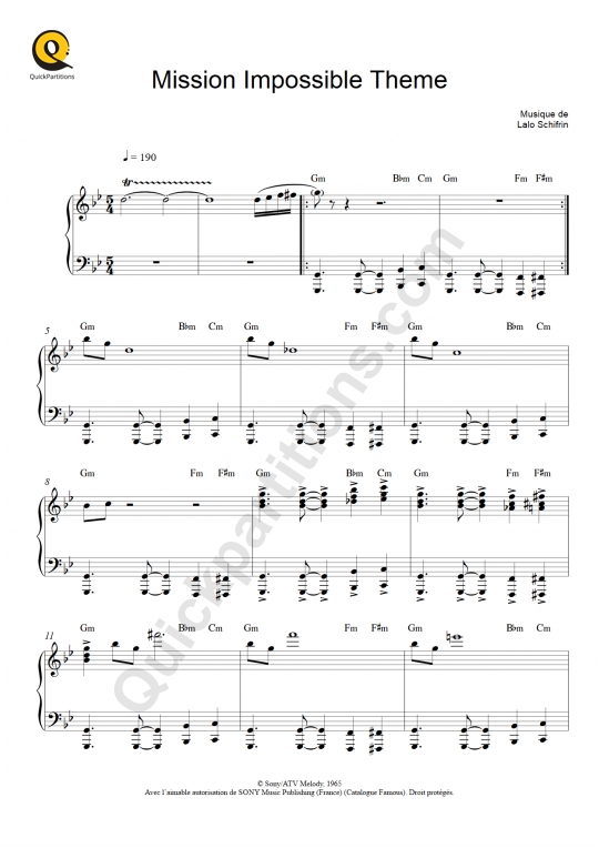 Partition piano solo Mission Impossible Theme de Lalo Schifrin