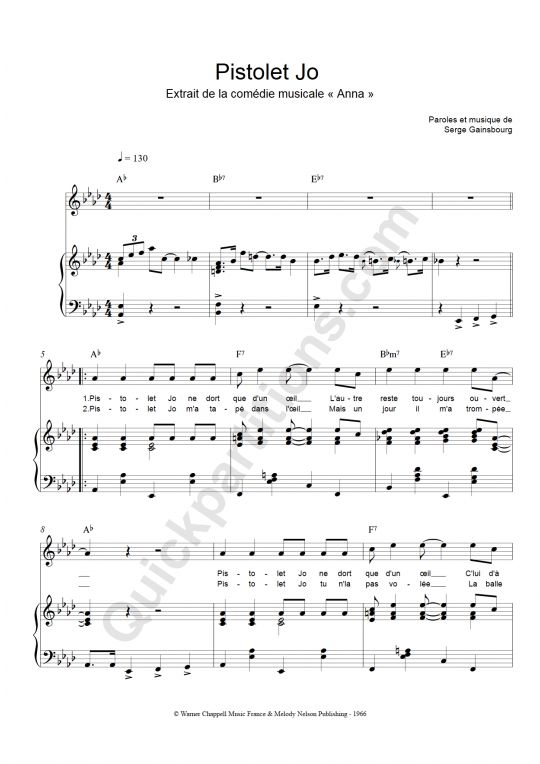 Partition piano Pistolet Jo - Serge Gainsbourg