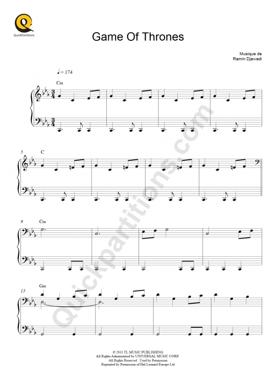 Partition piano Game Of Thrones - Ramin Djawadi