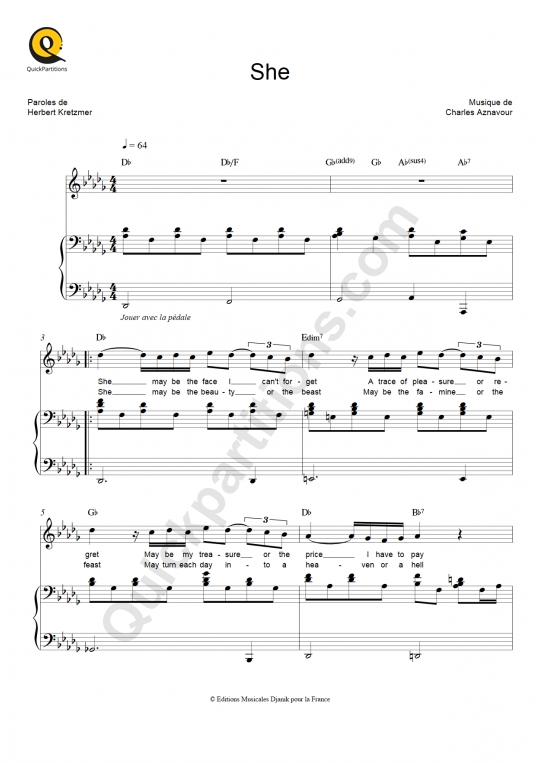 Partition piano She - Elvis Costello