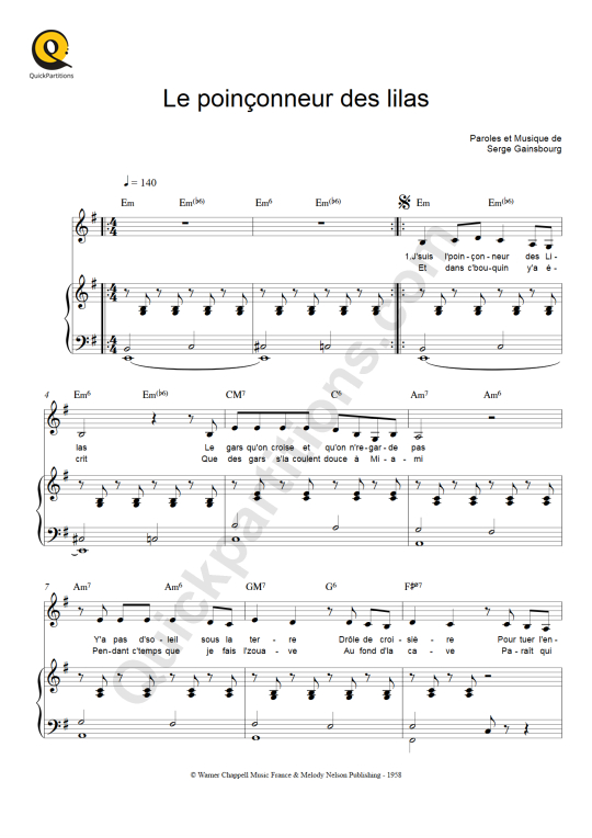Partition piano Le poinçonneur des lilas - Serge Gainsbourg