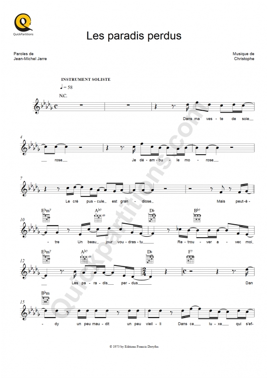 Partition pour Instruments Solistes Les paradis perdus - Christophe