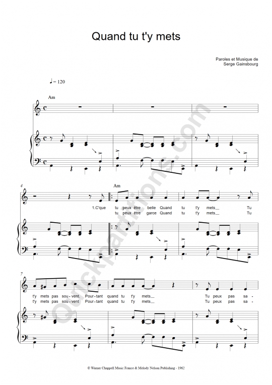 Partition piano Quand tu t'y mets - Serge Gainsbourg