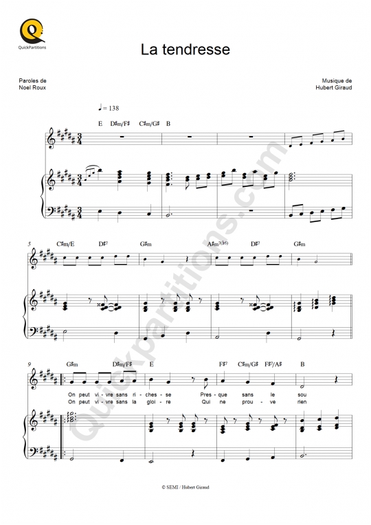 Partition piano La tendresse - Bourvil