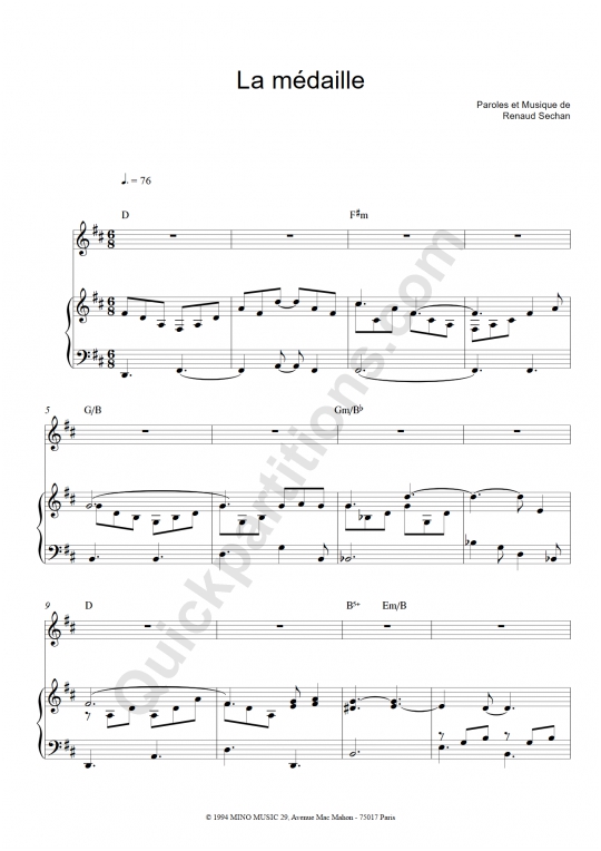 Partition piano La médaille - Renaud