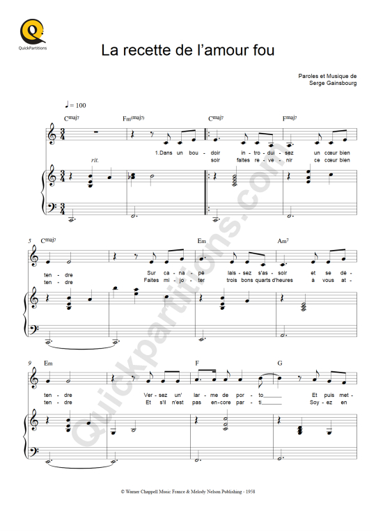 Partition piano La recette de l'amour fou - Serge Gainsbourg
