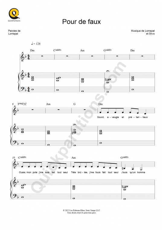 Pour de faux Piano Sheet Music - Lomepal