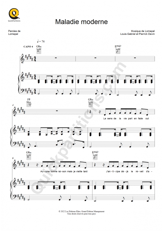 Partition piano Maladie moderne - Lomepal