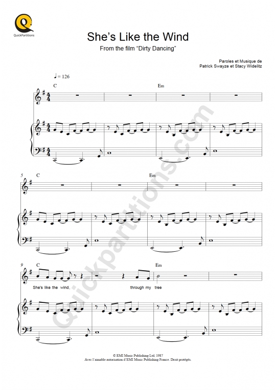 Partition piano She's Like the Wind (Dirty Dancing) - Patrick Swayze