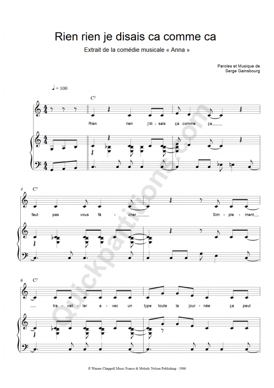 Partition piano Rien rien je disais a comme a Serge Gainsbourg