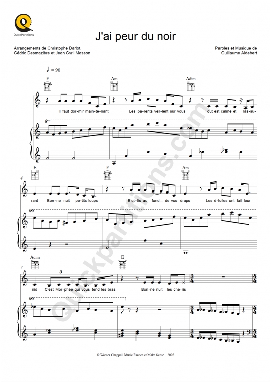 J'ai peur du noir Piano Sheet Music - Aldebert