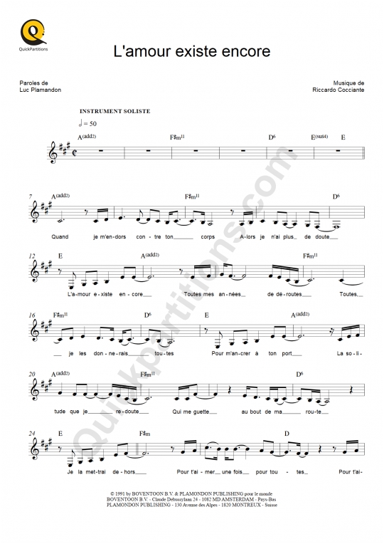 Partition pour Instruments Solistes L'amour existe encore - Céline Dion