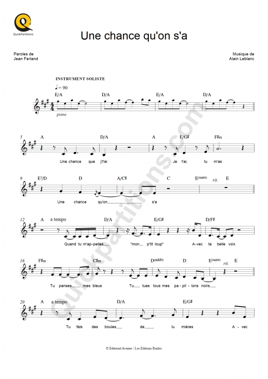Une chance qu'on s'a Leadsheet Sheet Music - Céline Dion