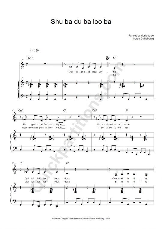 Partition piano Shu Ba Du Ba Loo Ba - Serge Gainsbourg