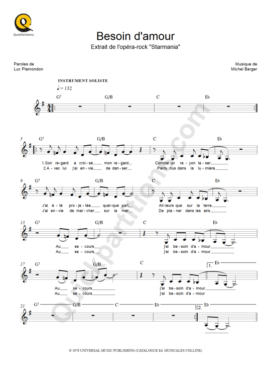 Partition pour Instruments Solistes Besoin d'amour - Starmania