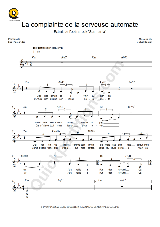 La complainte de la serveuse automate Leadsheet Sheet Music - Starmania