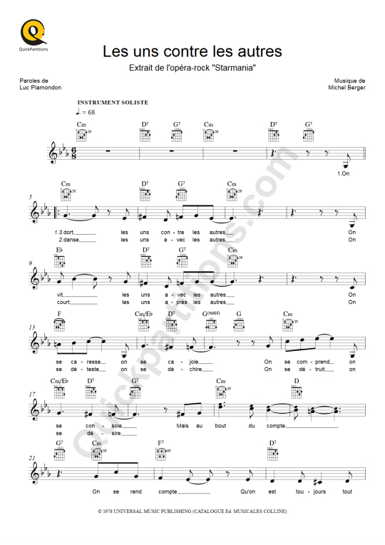 Les uns contre les autres Leadsheet Sheet Music - Starmania