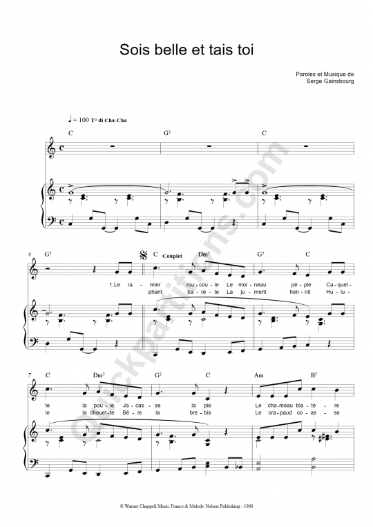 Partition piano Sois belle et tais toi - Serge Gainsbourg