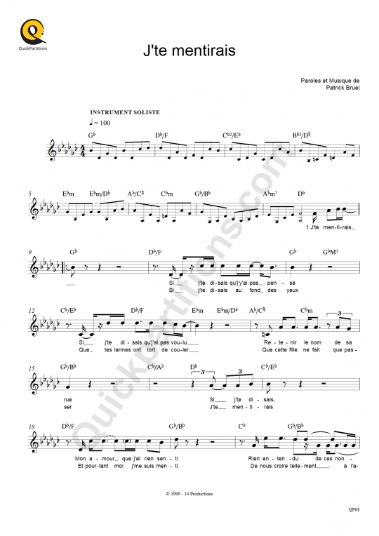 Partition pour Instruments Solistes J'te mentirais - Patrick Bruel
