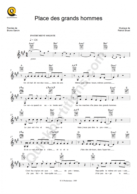 Place des grands hommes Leadsheet Sheet Music - Patrick Bruel