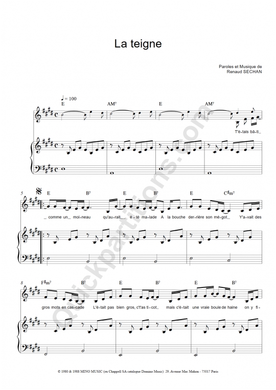 Partition piano La teigne - Renaud