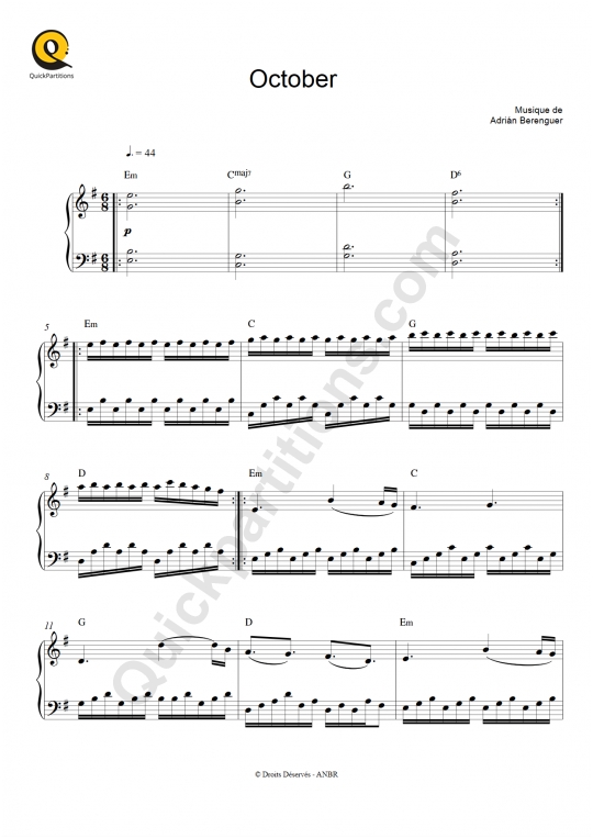 October  Piano Sheet Music - Berenguer Adrián