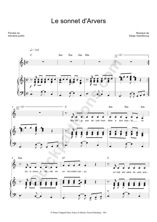 Partition piano Le sonnet d'arvers - Serge Gainsbourg