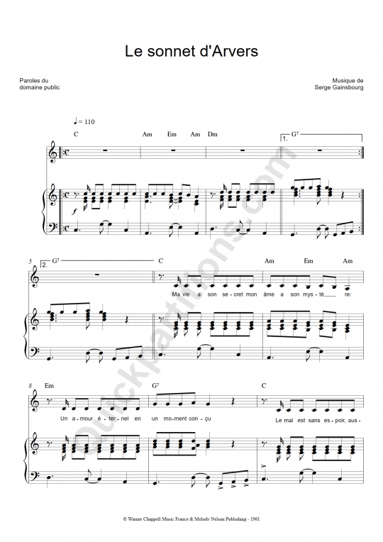 Partition piano Le sonnet d'arvers - Serge Gainsbourg