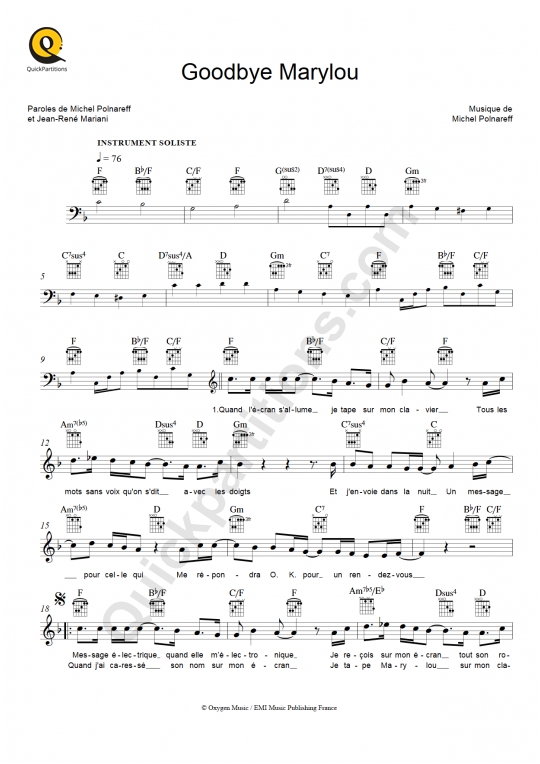 Goodbye Marylou Leadsheet Sheet Music - Michel Polnareff