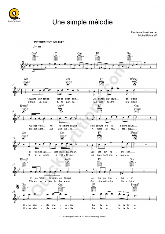 Partition pour Instruments Solistes Une simple mélodie - Michel Polnareff