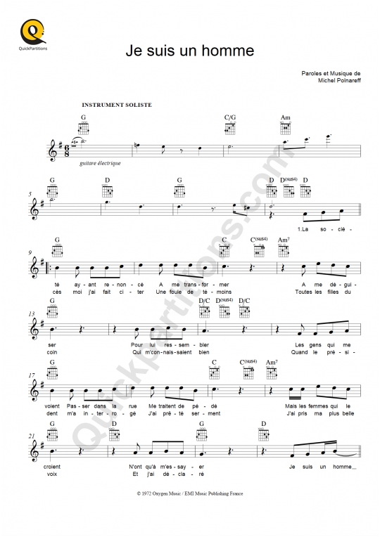 Je suis un homme Leadsheet Sheet Music - Michel Polnareff (Digital ...