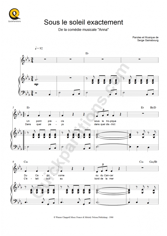 Partition piano Sous le soleil exactement - Serge Gainsbourg