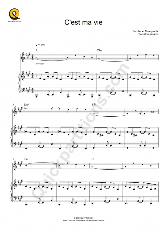 Partition piano C'est ma vie - Salvatore Adamo