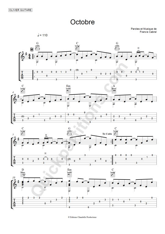 Octobre Guitar Tab - Olivier Gaucher