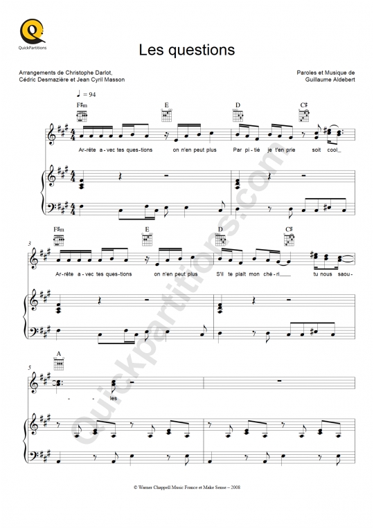 Les questions Piano Sheet Music - Aldebert