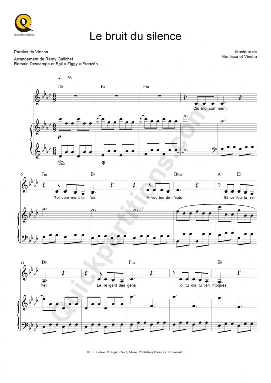 Partition piano Le bruit du silence - Mentissa