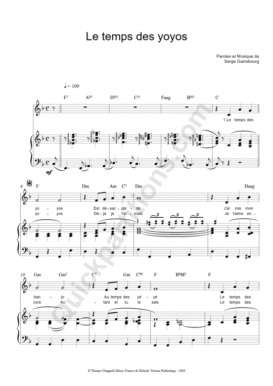 Partition piano Le temps des yoyos - Serge Gainsbourg