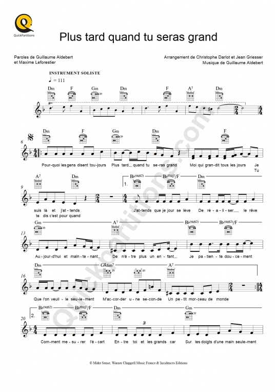 Partition pour Instruments Solistes Plus tard quand tu seras grand - Aldebert