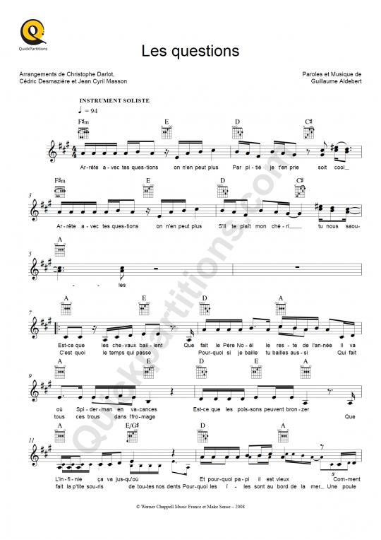 Les questions Leadsheet Sheet Music - Aldebert