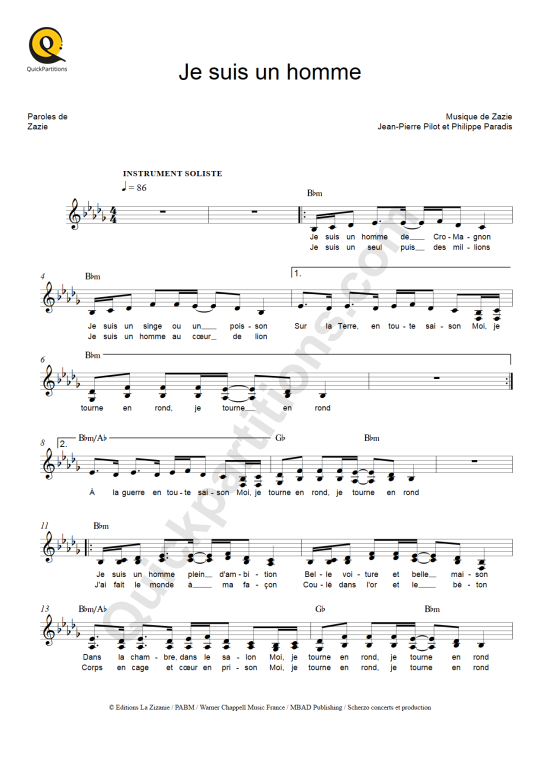 Partition pour Instruments Solistes Je suis un homme - Zazie