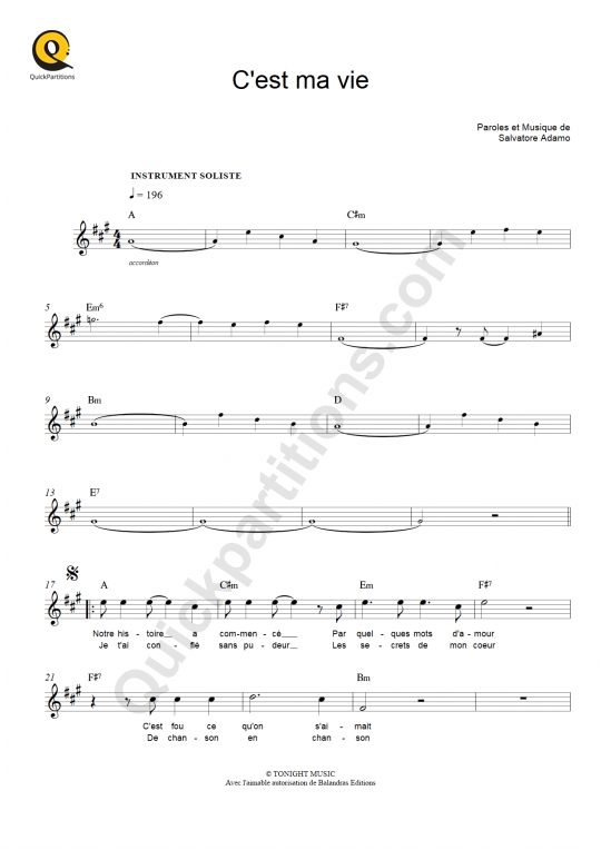 Partition pour Instruments Solistes C'est ma vie - Salvatore Adamo