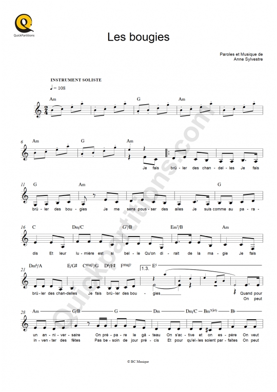 Partition pour Instruments Solistes Les bougies - Les Fabulettes d'Anne Sylvestre