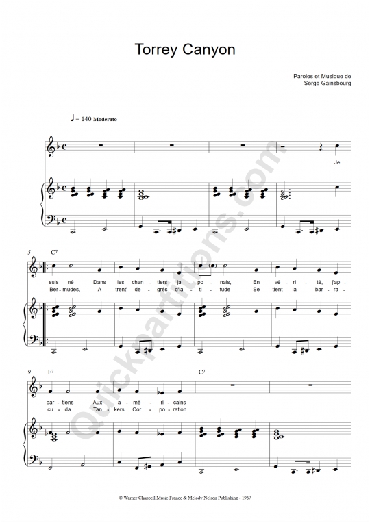 Partition piano Torrey Canyon - Serge Gainsbourg