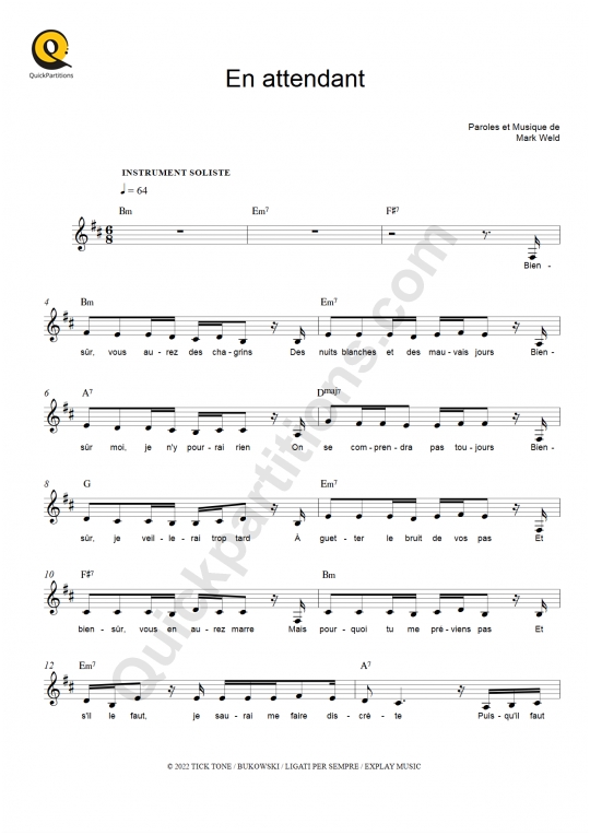 En attendant Leadsheet Sheet Music - Jenifer