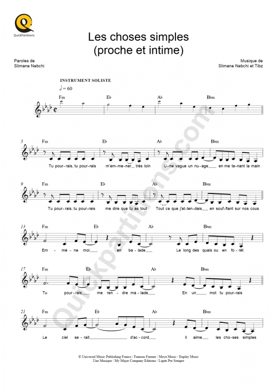 Les choses simples (proche et intime) Leadsheet Sheet Music - Jenifer